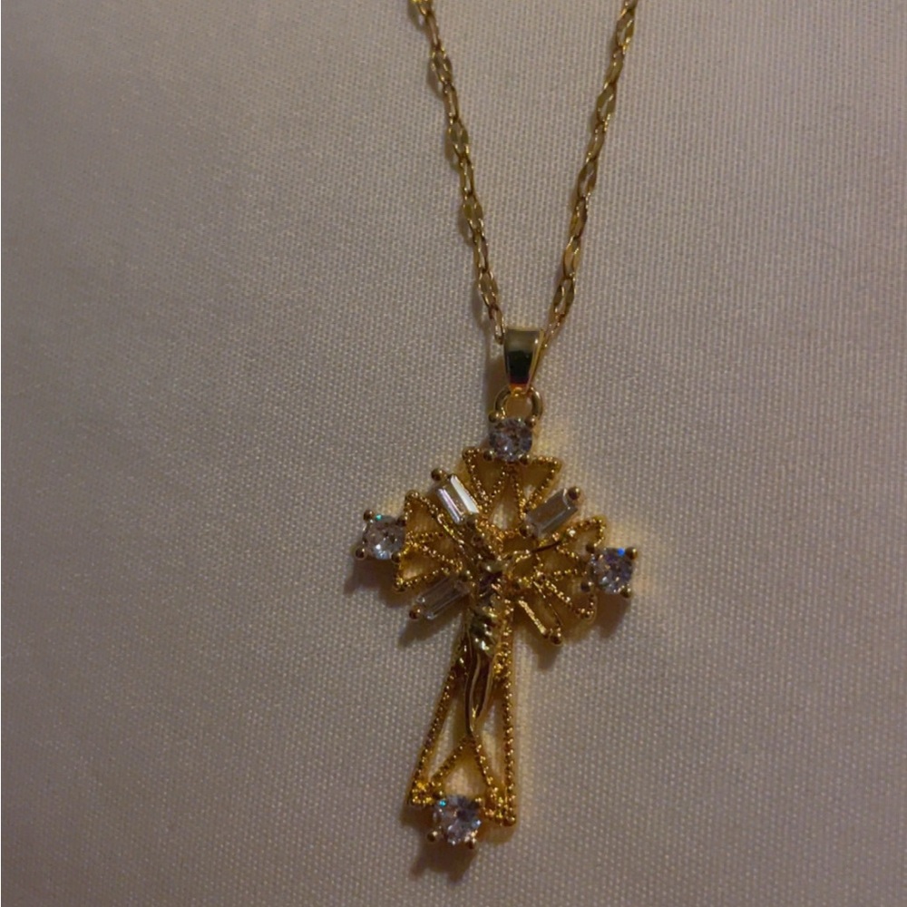Elegant Gold Cross Pendant Necklace D211 titanium steel chain copper pendant